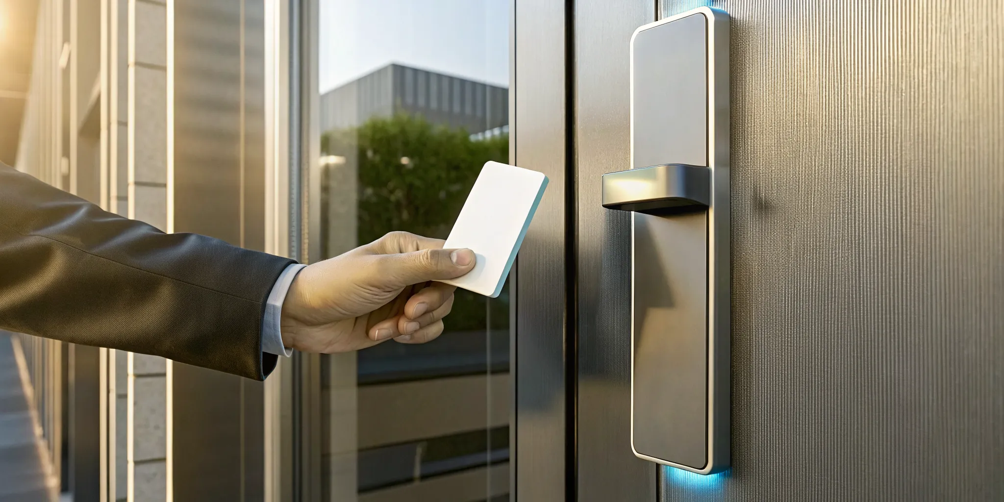 A key card unlocking a secure office door with an electronic lock system.