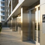 Modern multi-tenant building entrance with video intercom