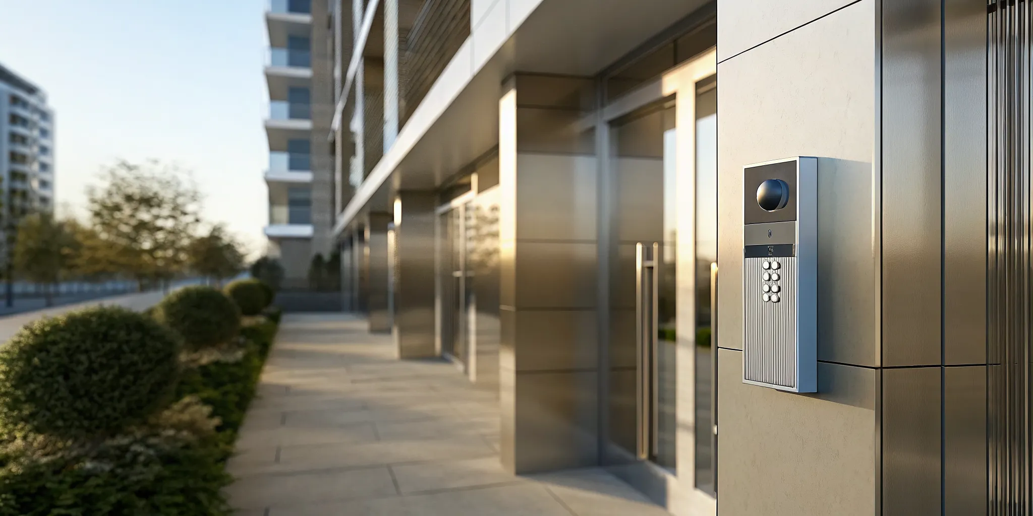 Modern multi-tenant building entrance with video intercom