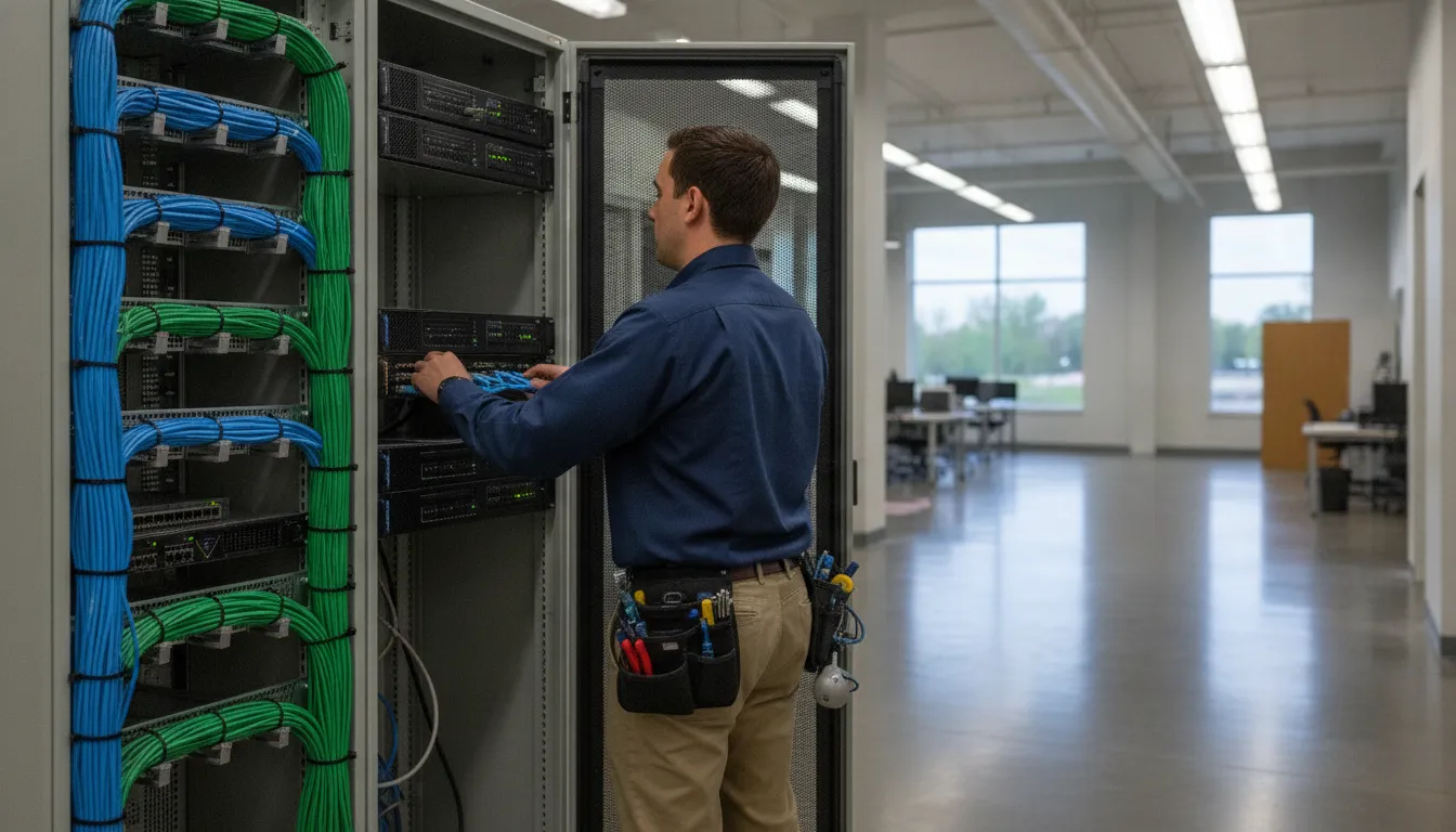 Security technician inspecting an NVR and organized network cabling in a commercial facility