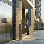 Modern apartment building entrance with a phone entry touchscreen intercom system