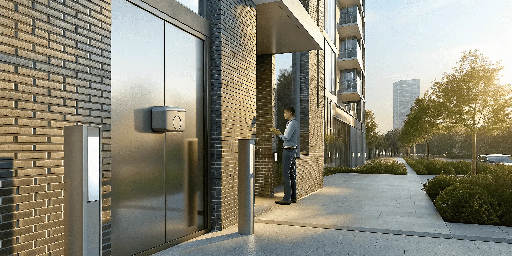 Modern apartment building entrance with a phone entry touchscreen intercom system