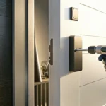 Professional technician completing a home security installation on a front door.