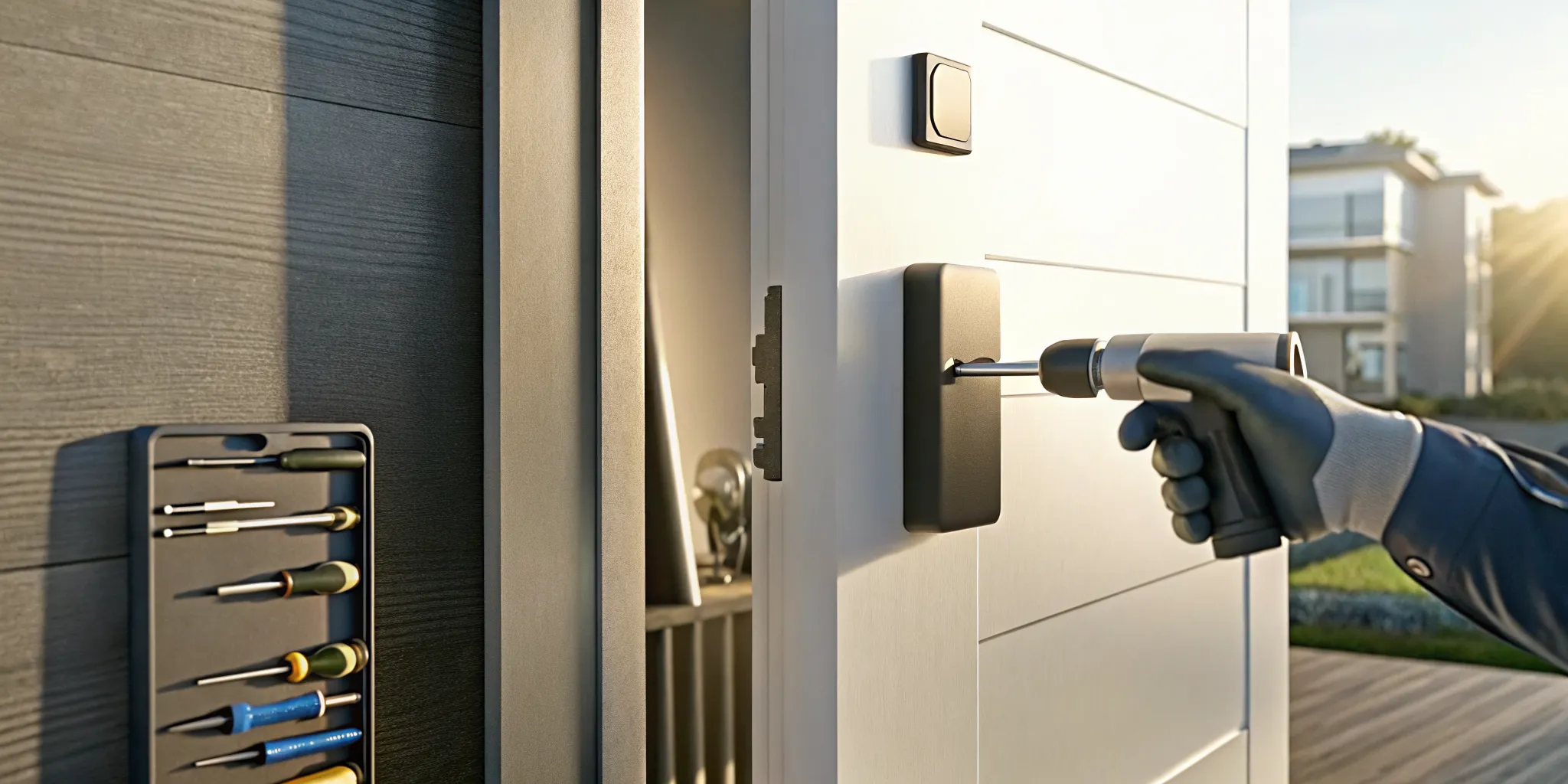 Professional technician completing a home security installation on a front door.