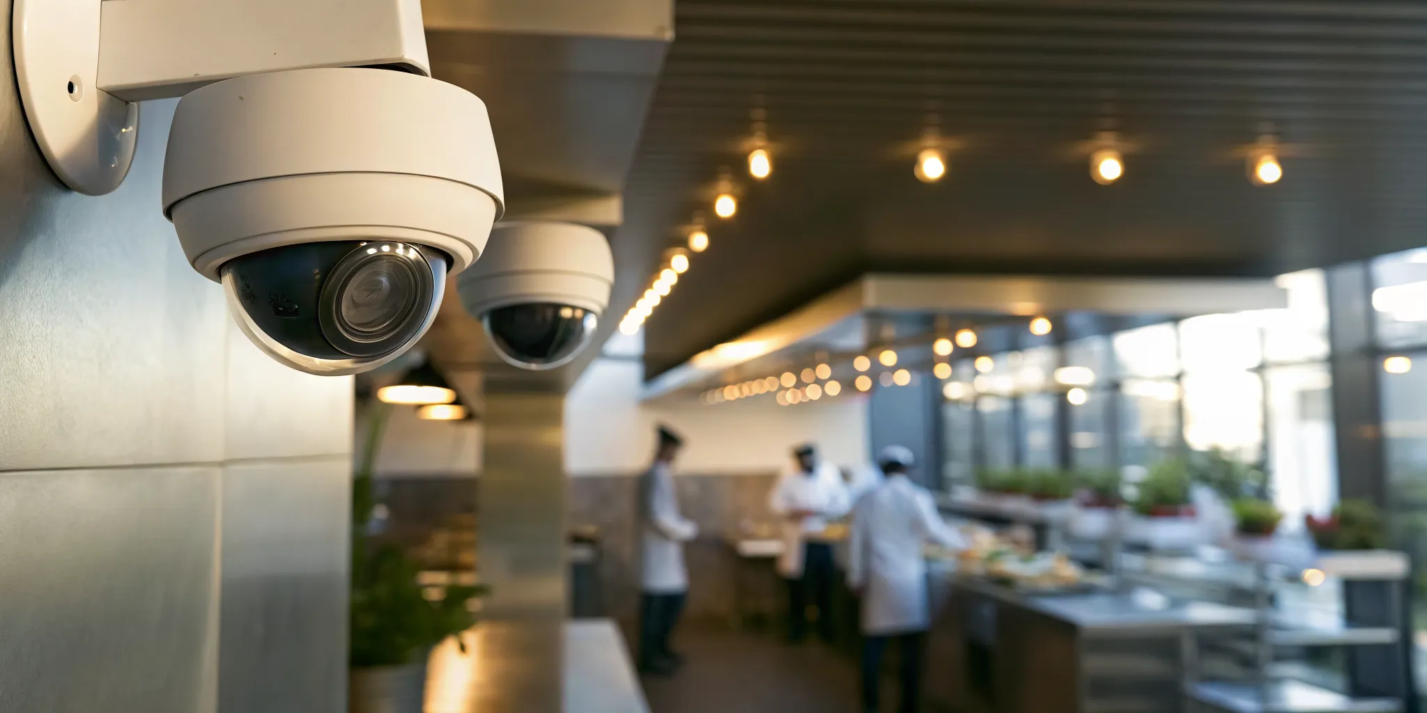 Security cameras discreetly mounted in a modern Chicago restaurant kitchen with a professional technician