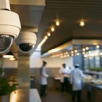 Security cameras discreetly mounted in a modern Chicago restaurant kitchen with a professional technician