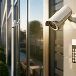 A modern integrated retail security system on a wall featuring high-definition cameras, alarms, and access control.