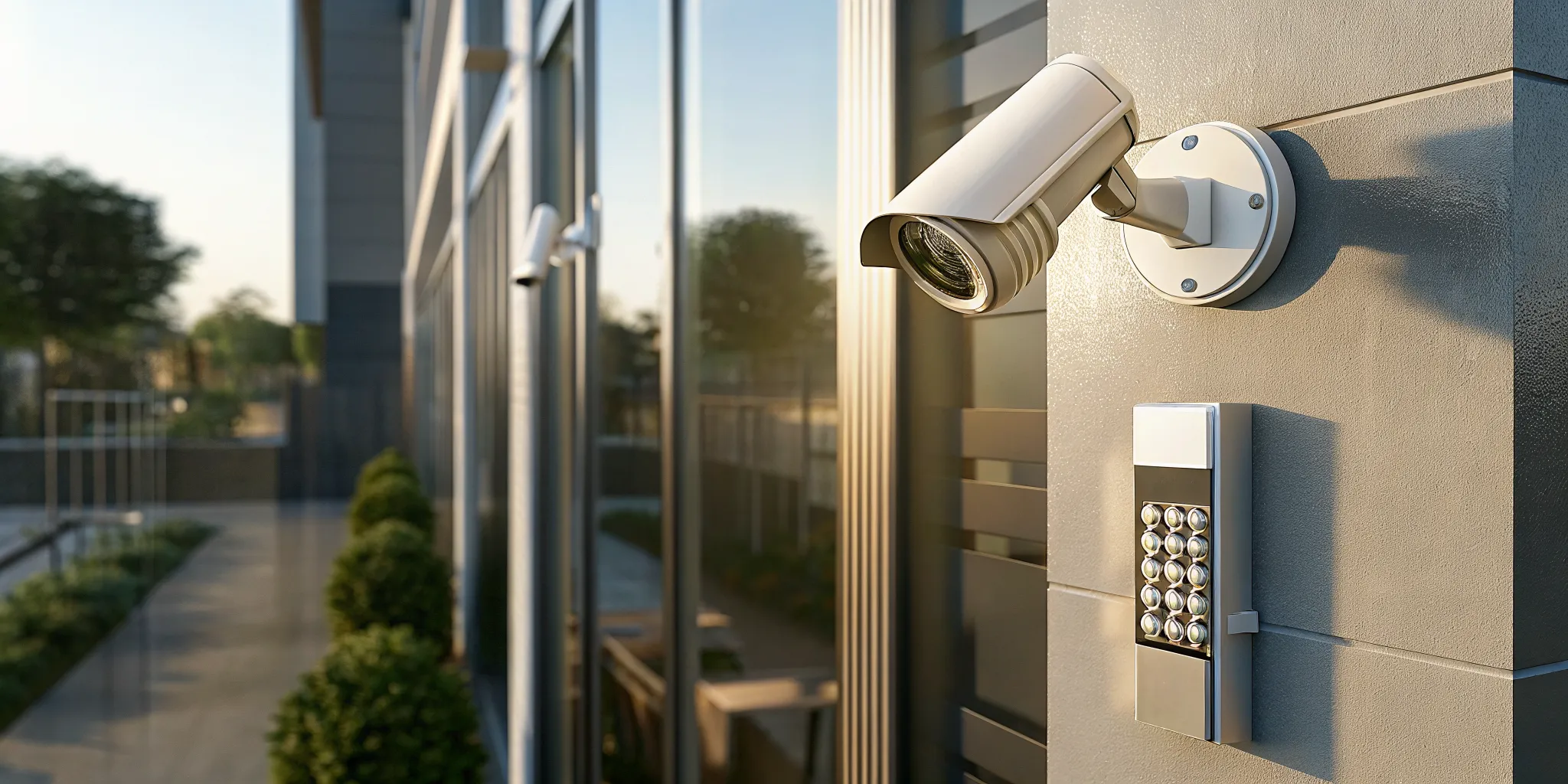 A modern integrated retail security system on a wall featuring high-definition cameras, alarms, and access control.
