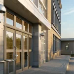Modern school entrance with layered school security systems