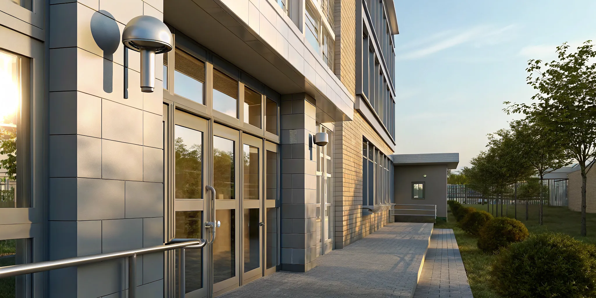 Modern school entrance with layered school security systems