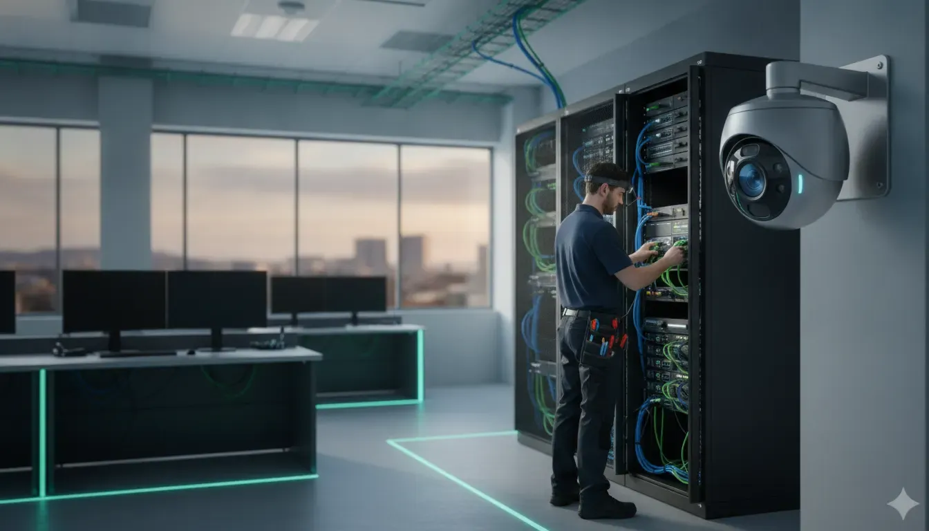 Security camera cybersecurity planning with an IP camera and protected network rack