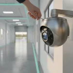 Commercial security camera mounted in a business facility to cover an entrance and aisle