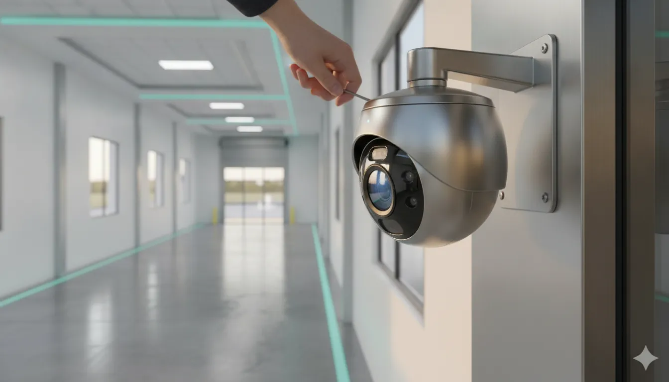 Commercial security camera mounted in a business facility to cover an entrance and aisle