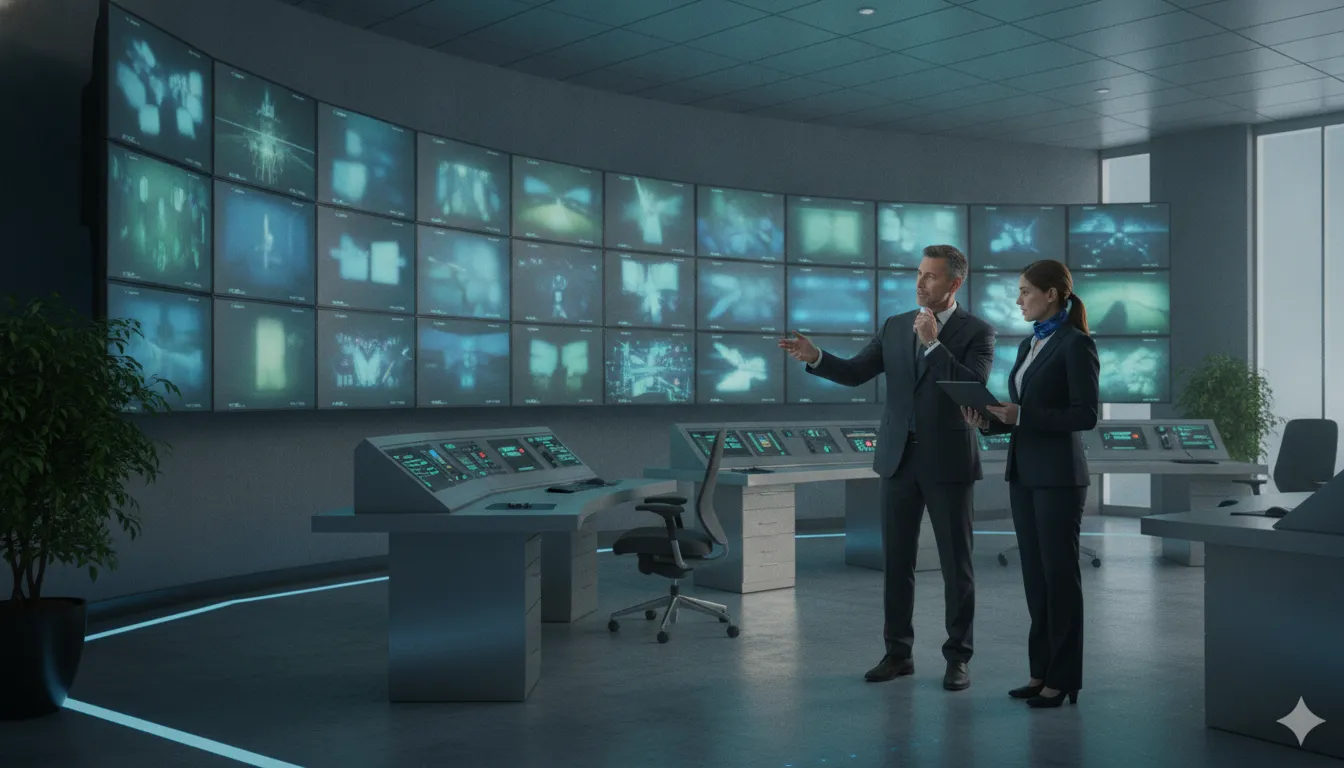 Business security team reviewing surveillance footage