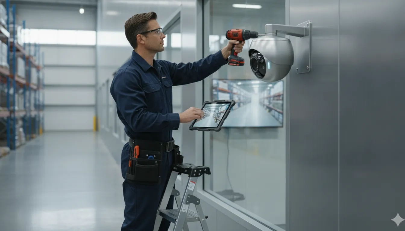 Professional security technician installing a high-resolution security camera at a commercial facility