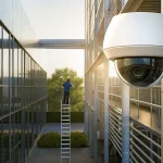 A professional installing security cameras for a business on an exterior wall.