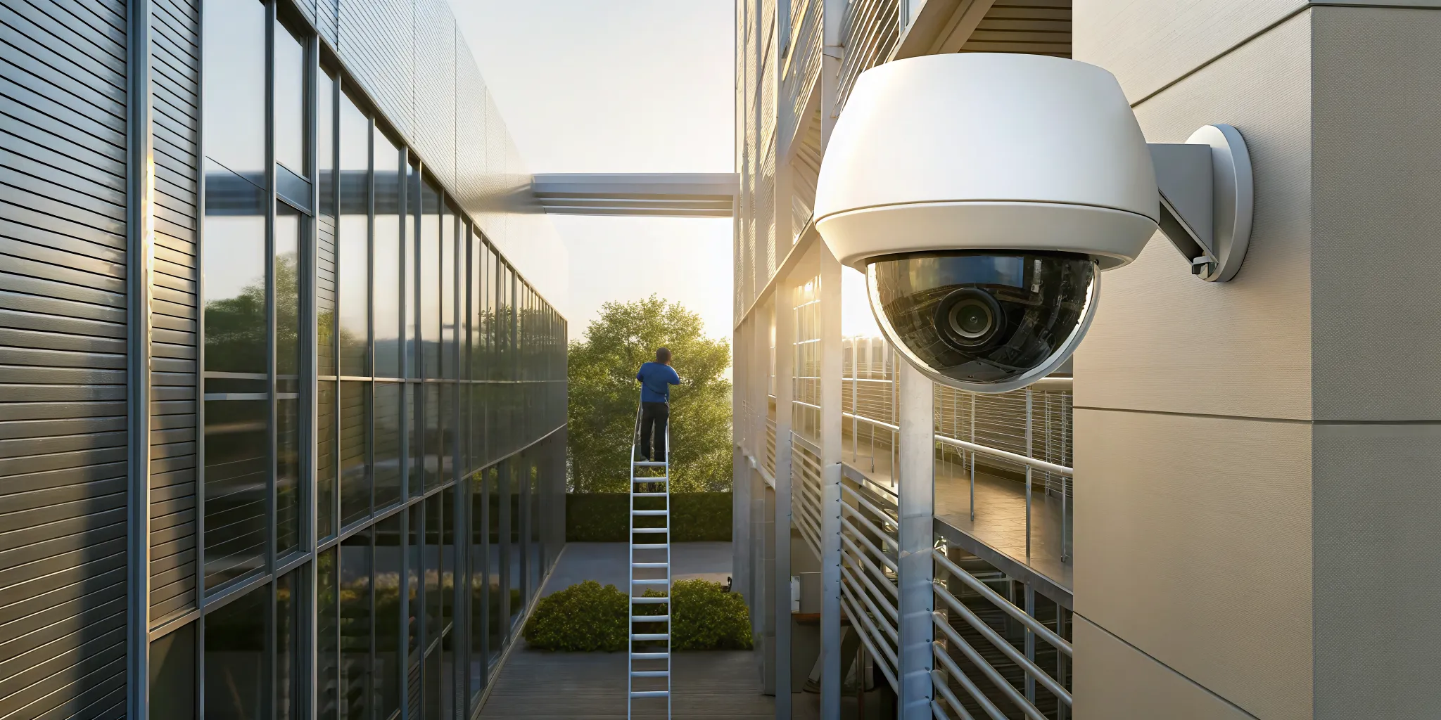 A professional installing security cameras for a business on an exterior wall.