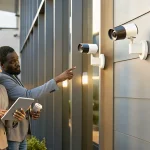 Business owner and security technician reviewing a security system installation plan in a modern commercial facility
