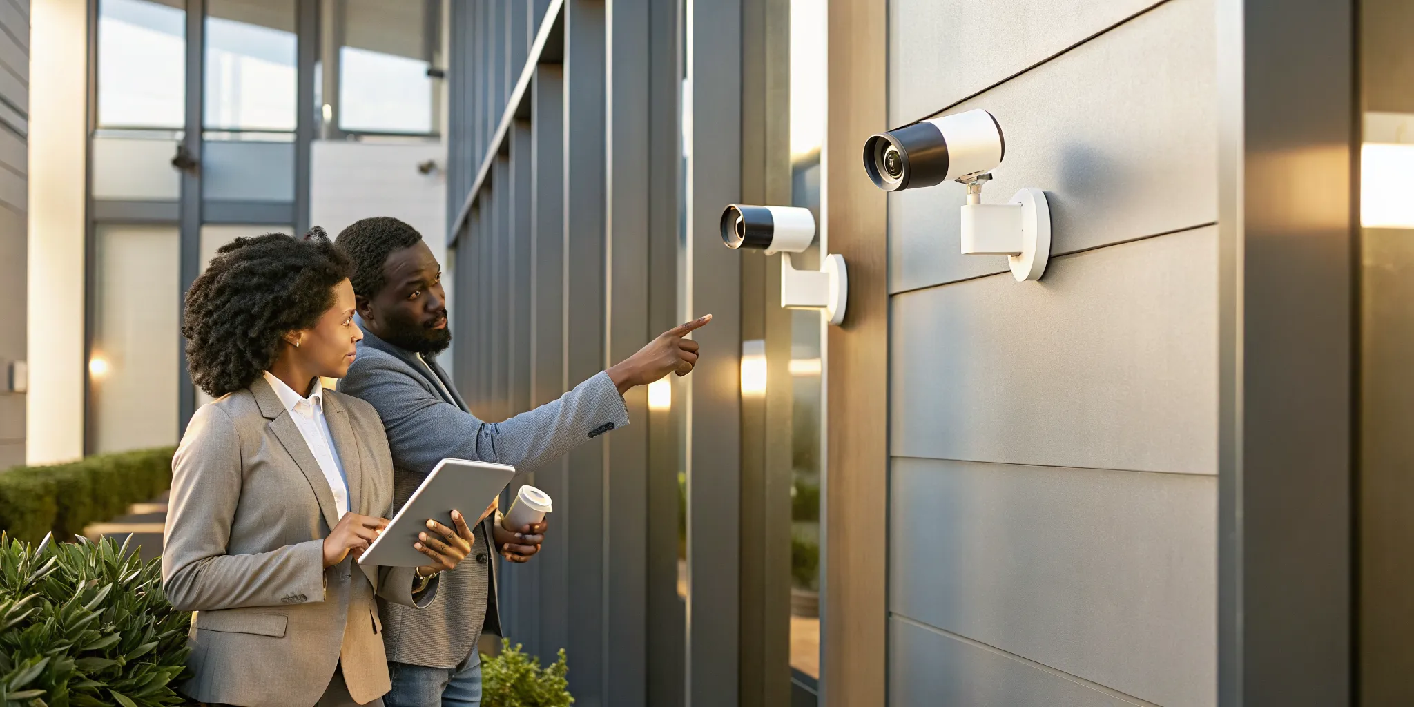 Business owner and security technician reviewing a security system installation plan in a modern commercial facility