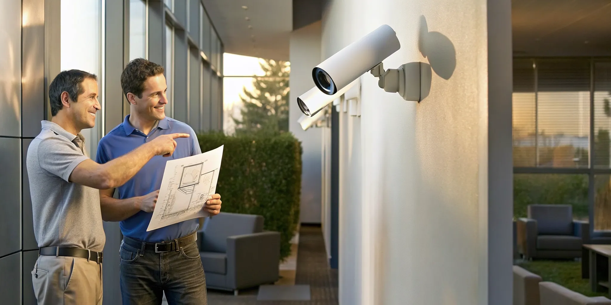 Security system integrator consultant reviewing a building floor plan with a business owner