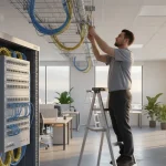 Low-voltage technician installing structured network cabling in a new commercial office