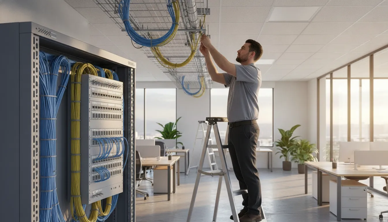 Low-voltage technician installing structured network cabling in a new commercial office