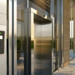 Person using a phone at an apartment building access control system with a keypad.