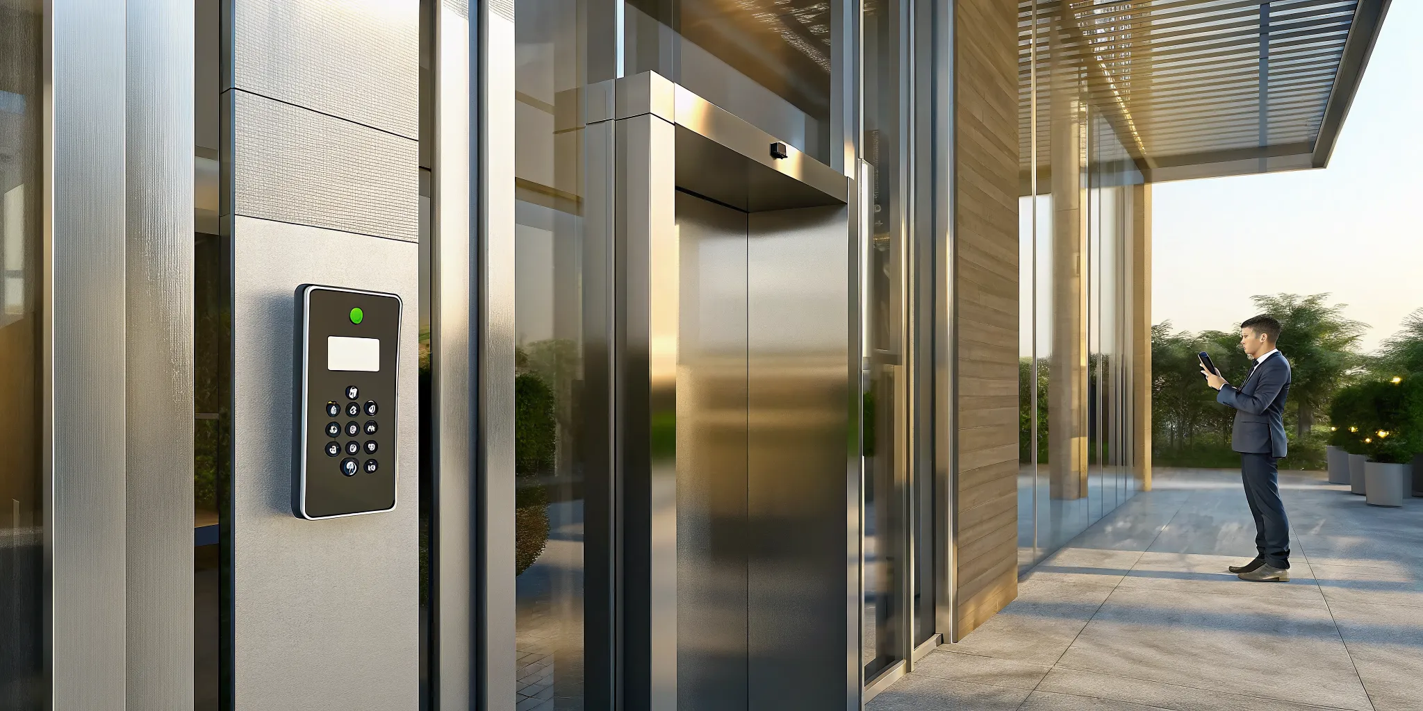 Person using a phone at an apartment building access control system with a keypad.