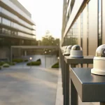 Outdoor business security cameras monitoring a modern office building.