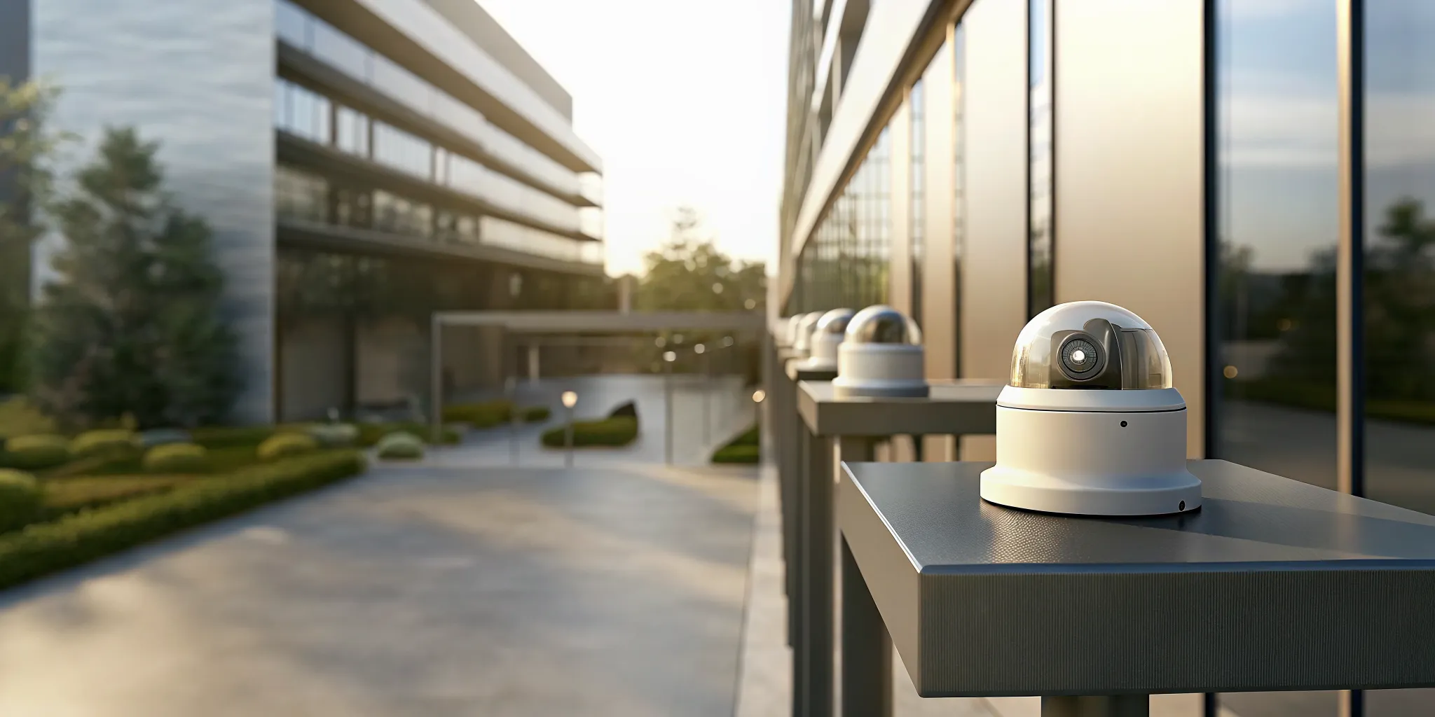 Outdoor business security cameras monitoring a modern office building.