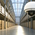 A warehouse security camera system monitoring aisles for asset protection.