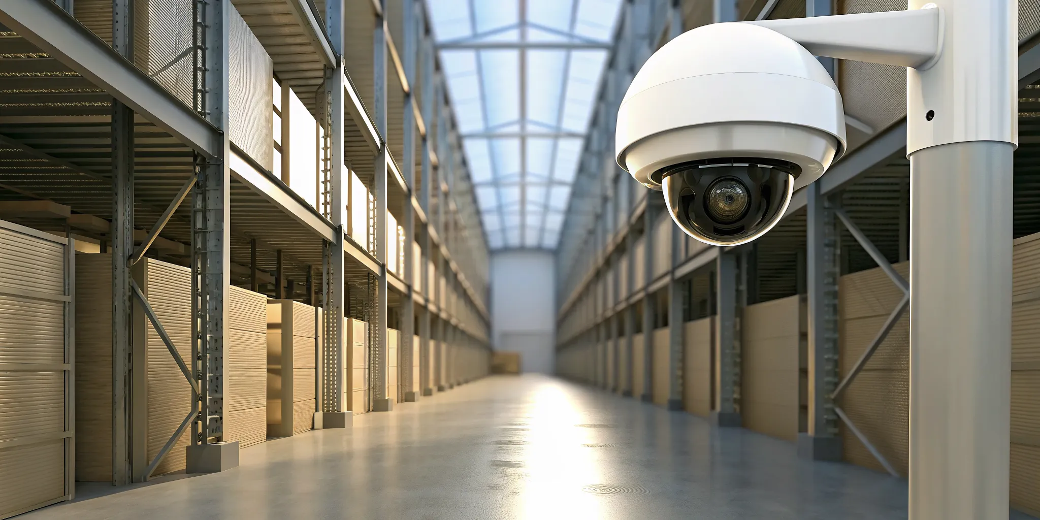 A warehouse security camera system monitoring aisles for asset protection.