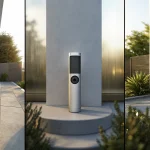 A modern home security system from a top company installed at a front door.