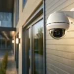Outdoor security camera providing surveillance on a building's exterior wall.