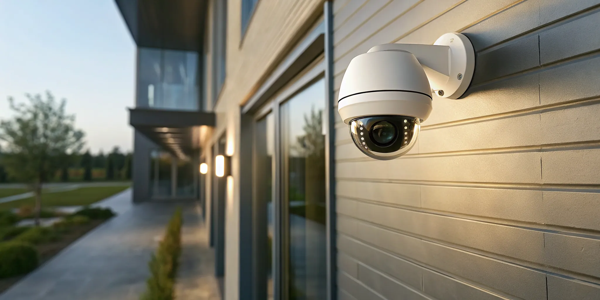 Outdoor security camera providing surveillance on a building's exterior wall.