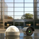 Business security system with cameras installed on a modern office building.