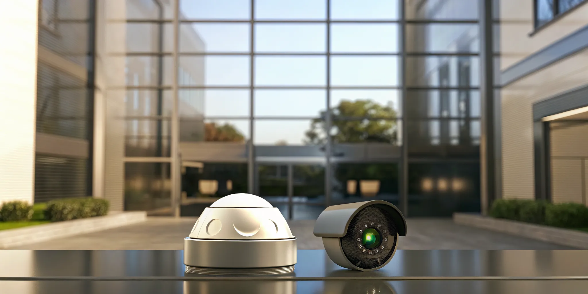 Business security system with cameras installed on a modern office building.